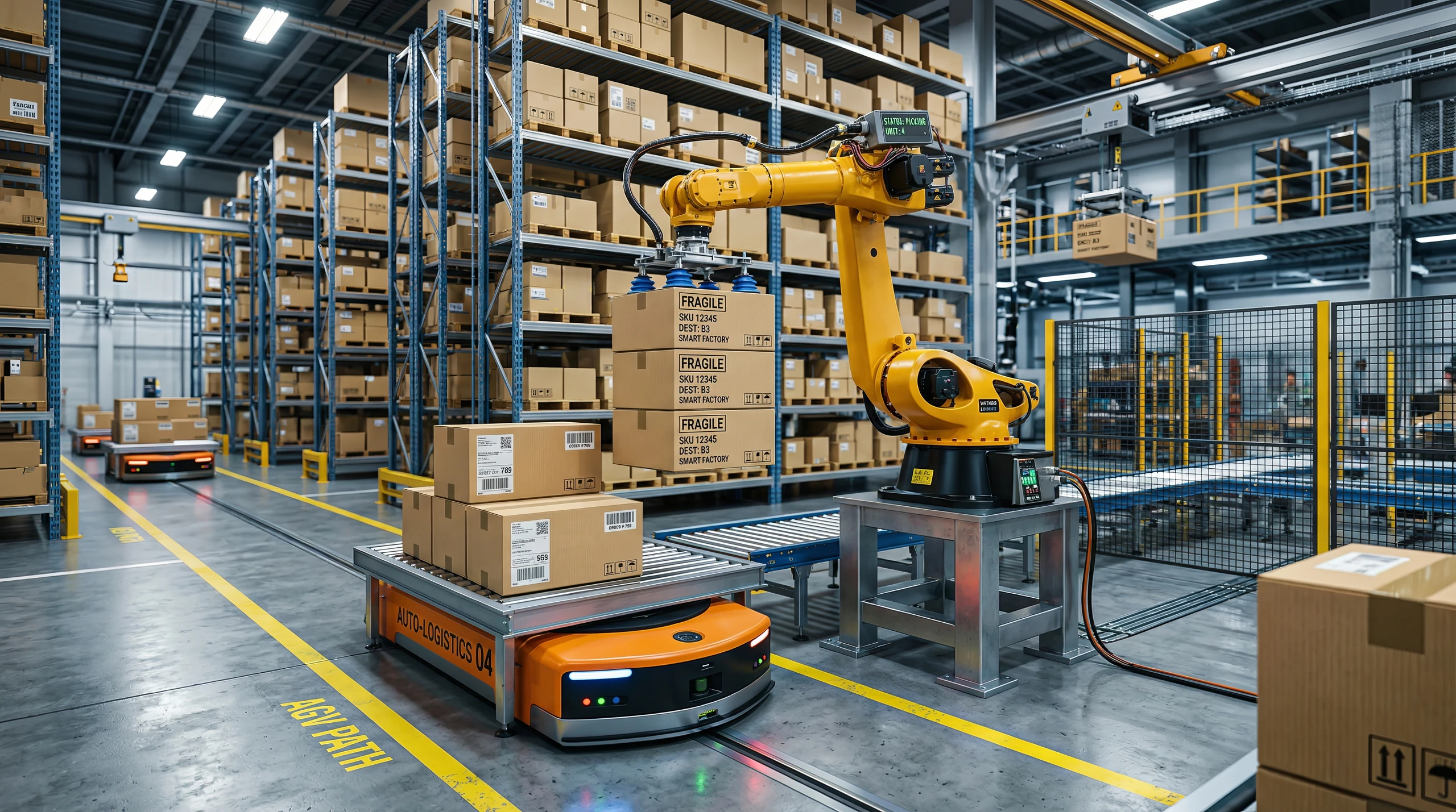 Robot arm loading cartons onto an automated guided vehicle in a warehouse