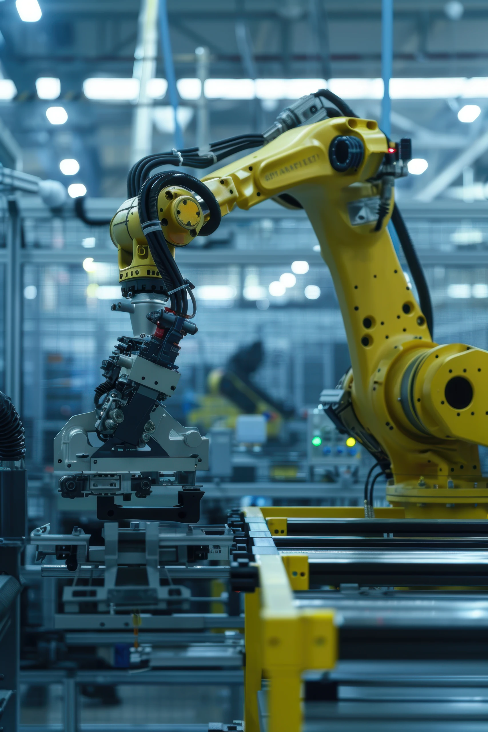 Industrial robot arm with a gripper working above a factory conveyor