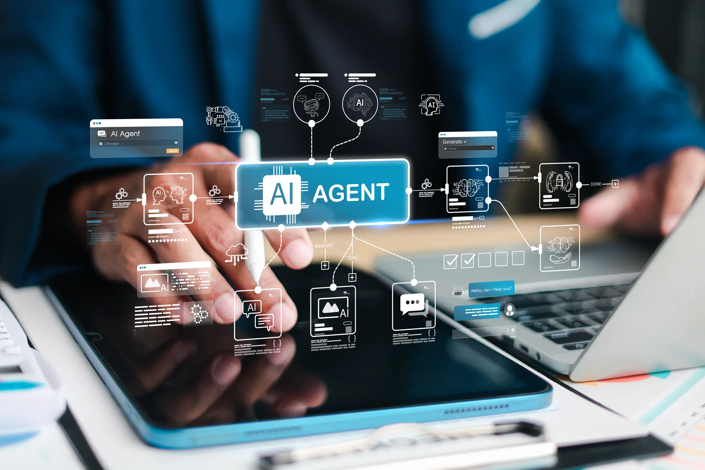 A tablet running an AI agent that drives the tools around it