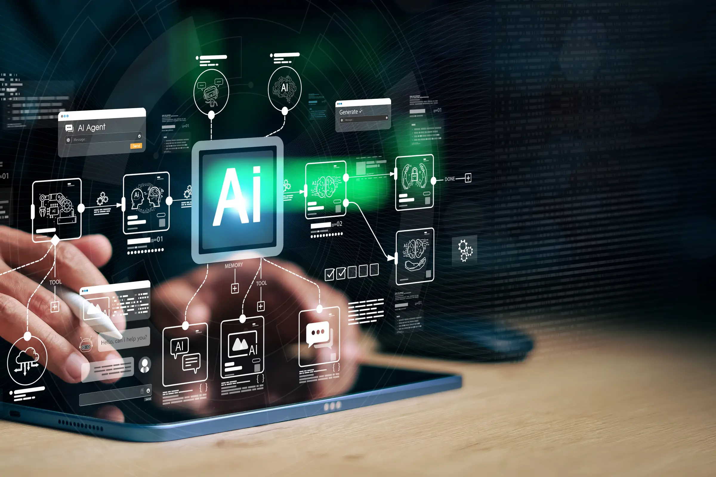 An AI interface on a tablet, driving workflow automation across live business data