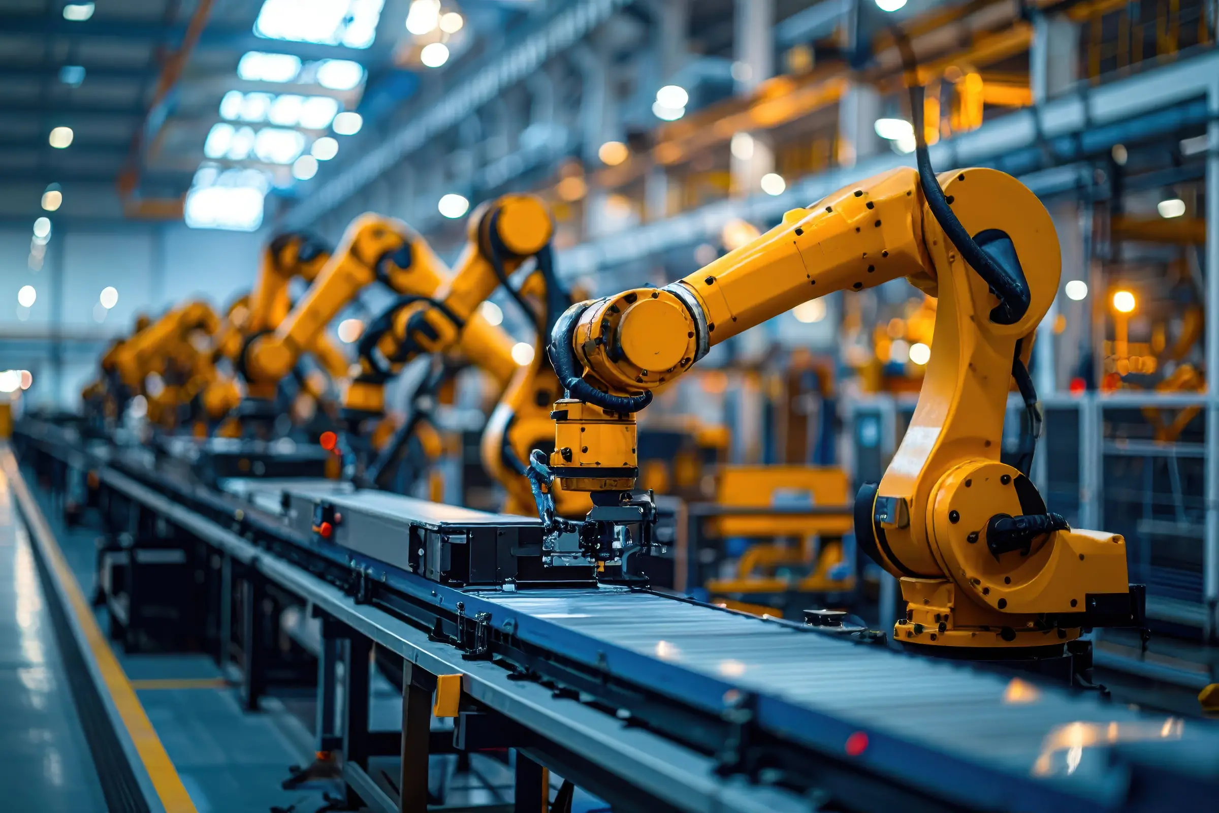 Industrial robot arms running an automated assembly line